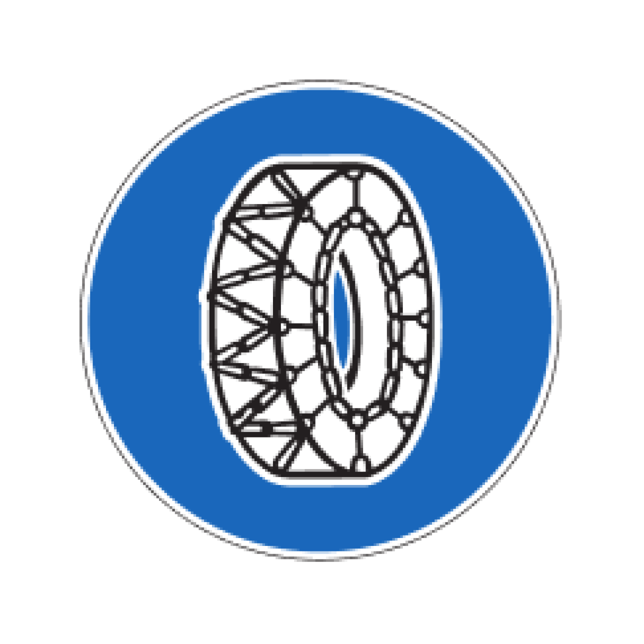 Un panneau rond bleu avec un symbole de chaîne à neige